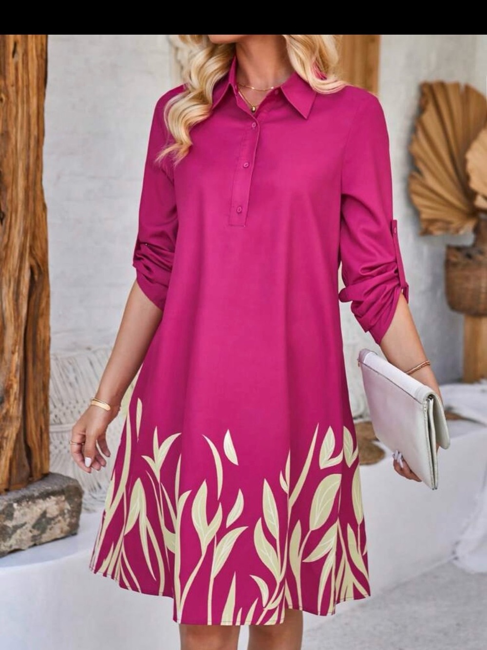 Emery Rose XL Women's Fuchsia Shirt Dress with Cream Leaf Print- with tag